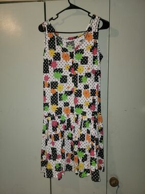 Vintage 80/90s Tank Dress with Black Polka-Block and Bright Funky/Floral Print